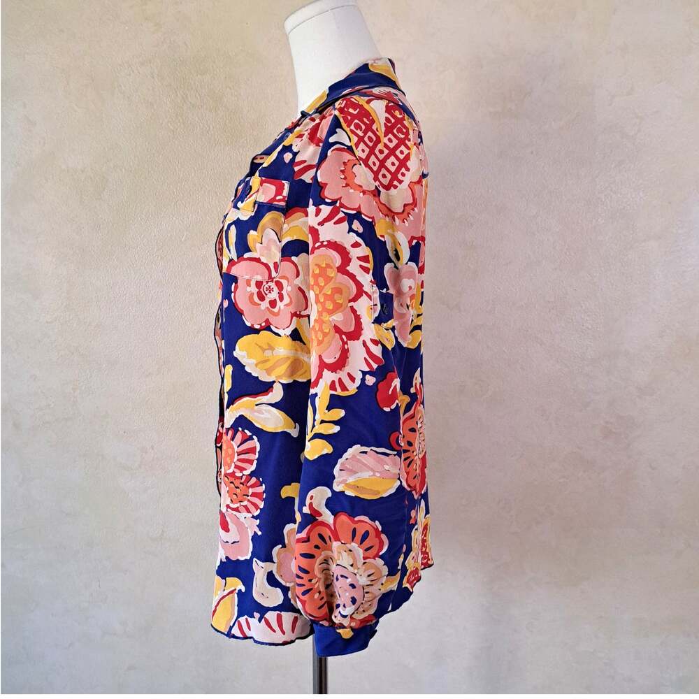 Tory Burch Silk Floral Roll Tab Blouse Top Size 4 Blue Pink Button Front - Picture 4 of 10